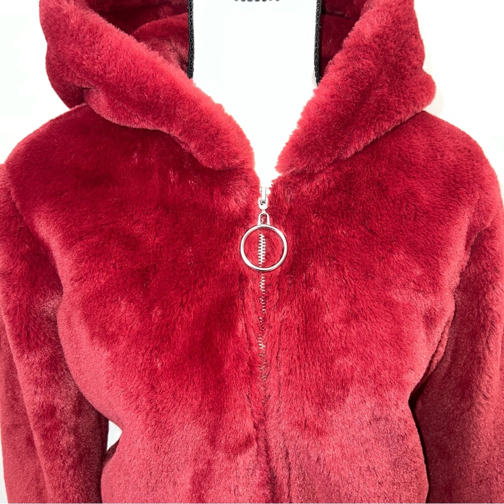 *SOLD* Faux Fur Semi-Cropped Red Hooded Jacket - Picture 7 of 9